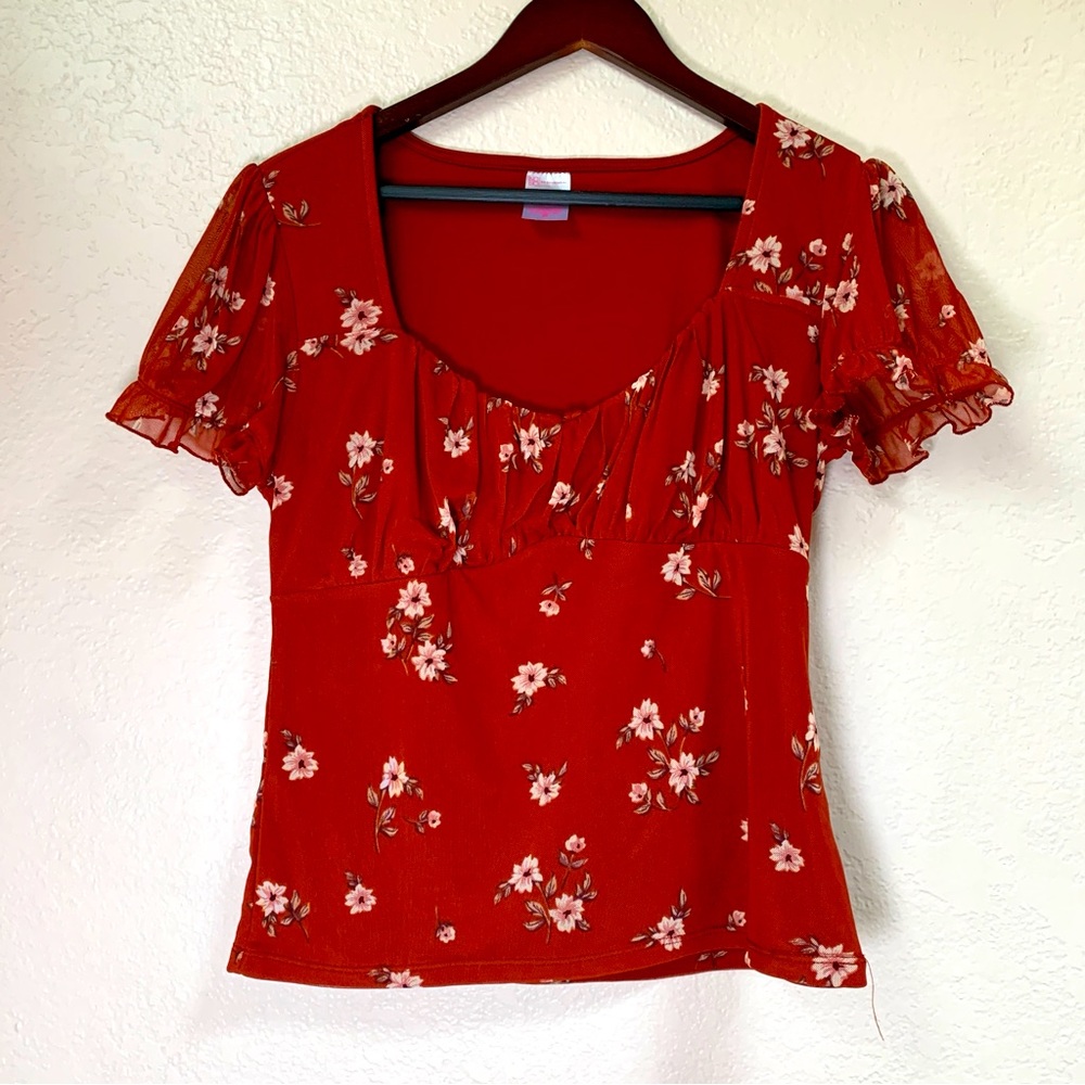 No Boundaries Blouse Womens Large Orange Brown Short Flutter Sleeve Boho Floral